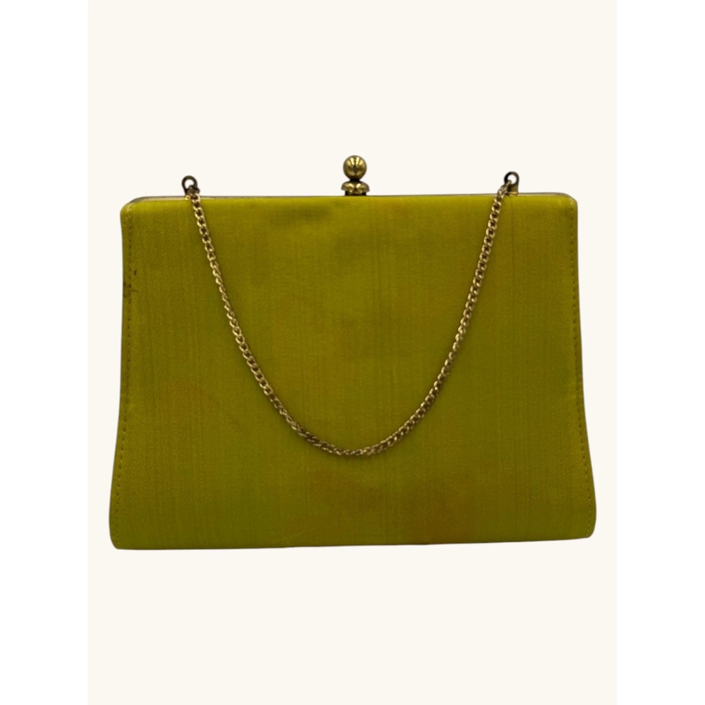 Vintage Chartreuse Green Silk Clutch Bag Gold Chain Strap Evening Purse